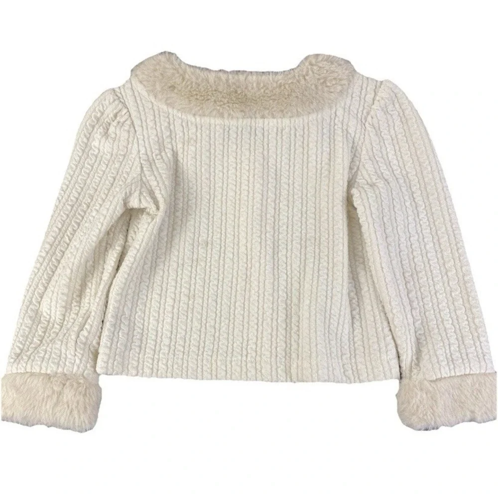 Le Chic Cardigan Kids Size 2 Cream Faux Fur Trim Cable Knit Pearl Button